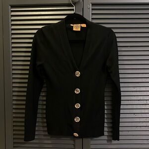 Tory Burch Logo Button Merino Wool V-Neck Cardigan Size SMALL